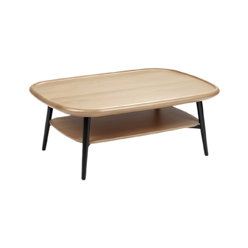 **Technische titel in het Nederlands:** Modern houten salontafel met onderblad en zwarte poten