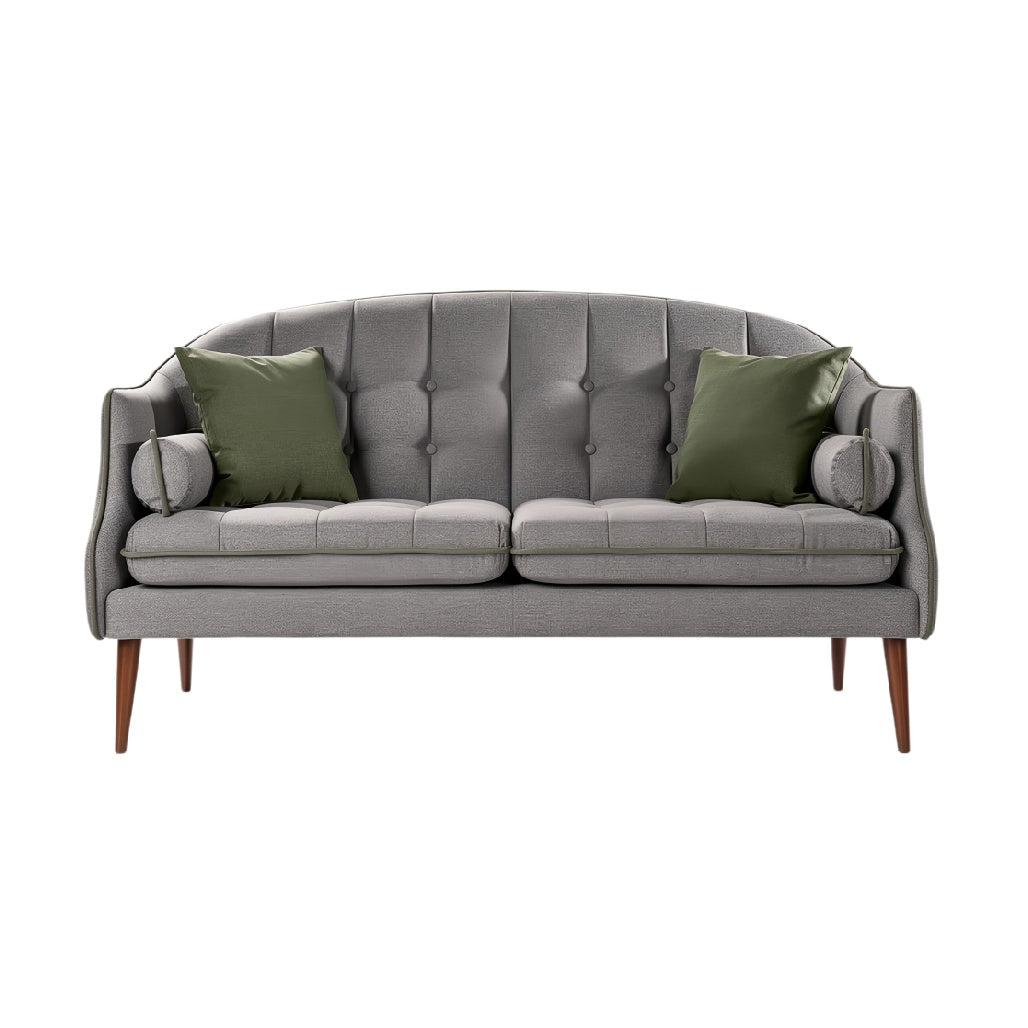 **Technische Titel in het Nederlands:** Elegante grijze bank met kussen en houten poten