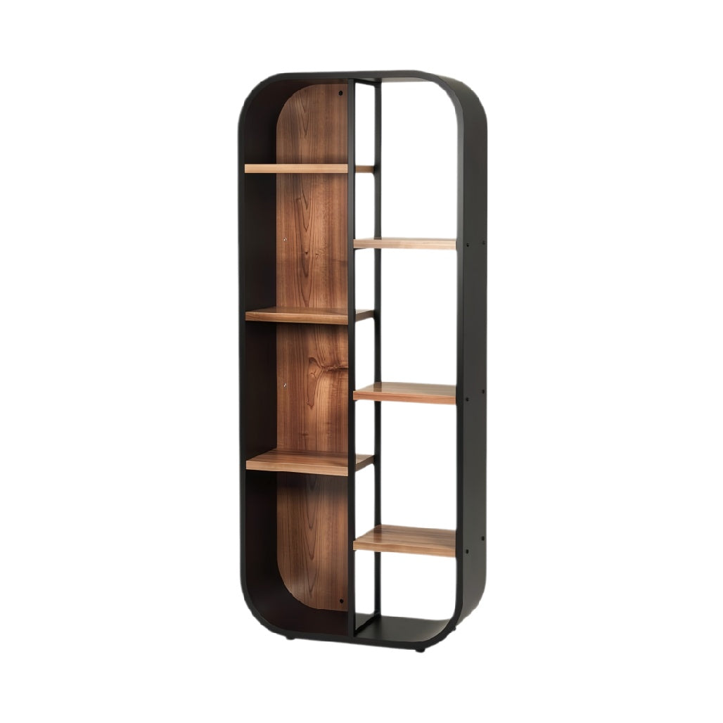**Moderne boekenplank met houten planken en metalen frame**