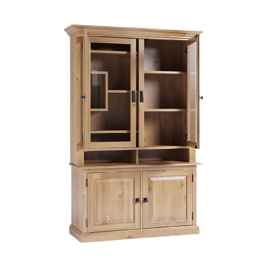 **Technische titel in het Nederlands: Moderne houten vitrinekast met glazen deuren en open planken**