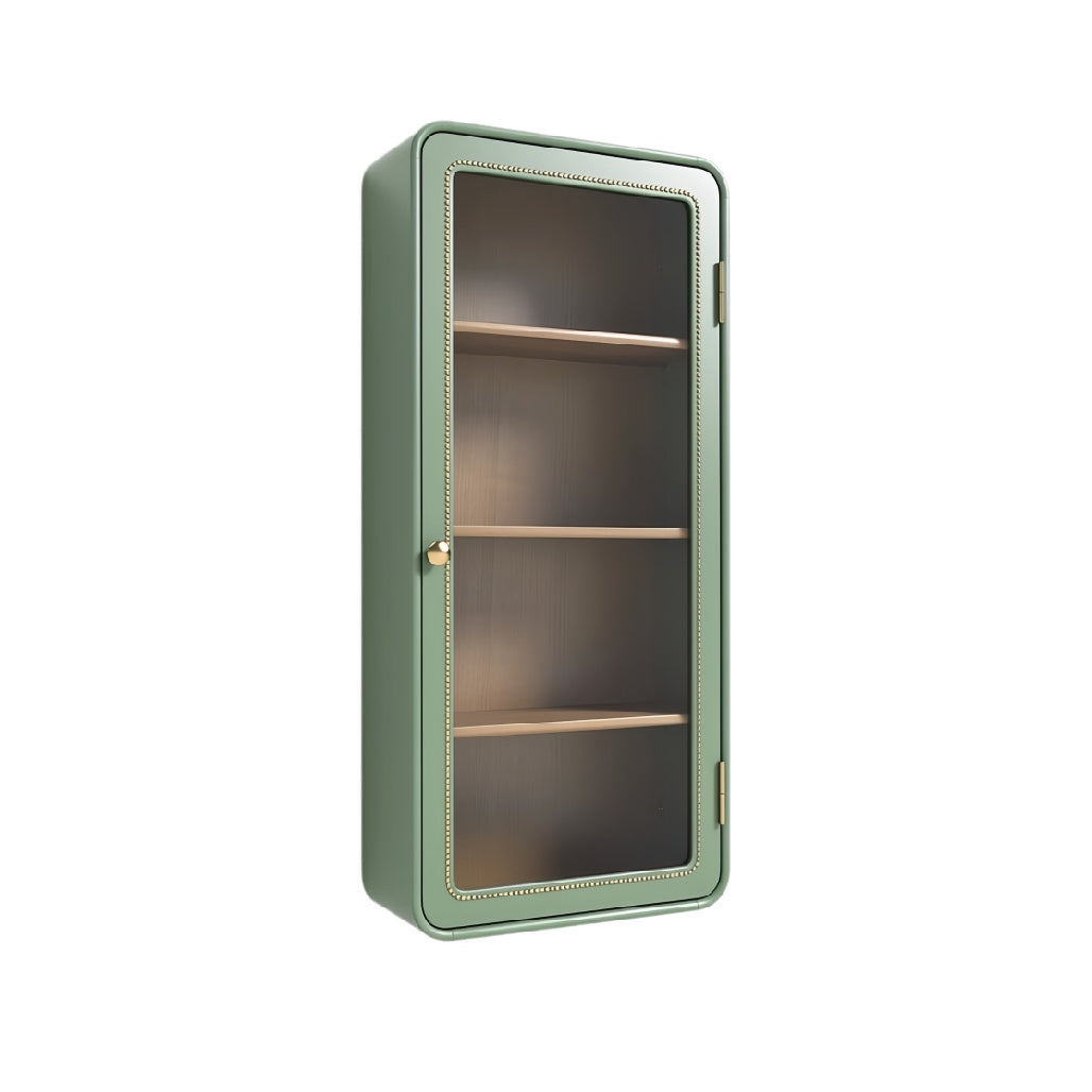 **Technische titel in het Nederlands: **Glazen wandkast met houten planken en groene afwerking**