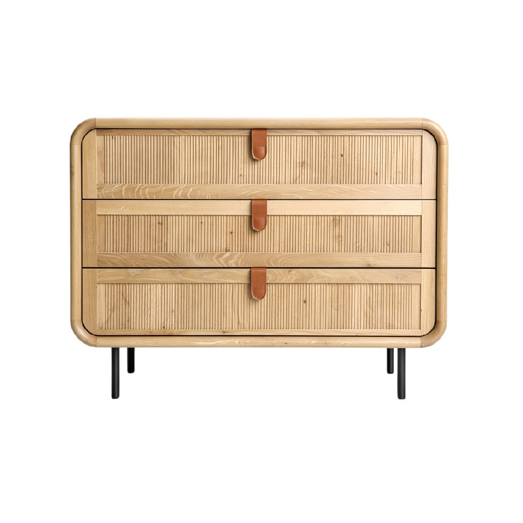Technische titel in het Nederlands: **Moderne houten ladekast met leren handgrepen**